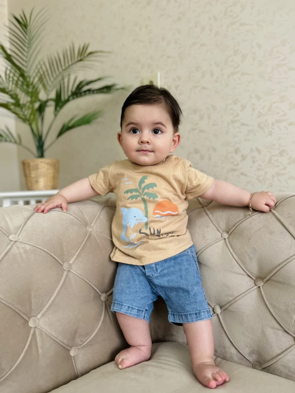 Sun Vibes Nefes Alan %100 Pamuk Tişörtlü Kot Şortlu Takım