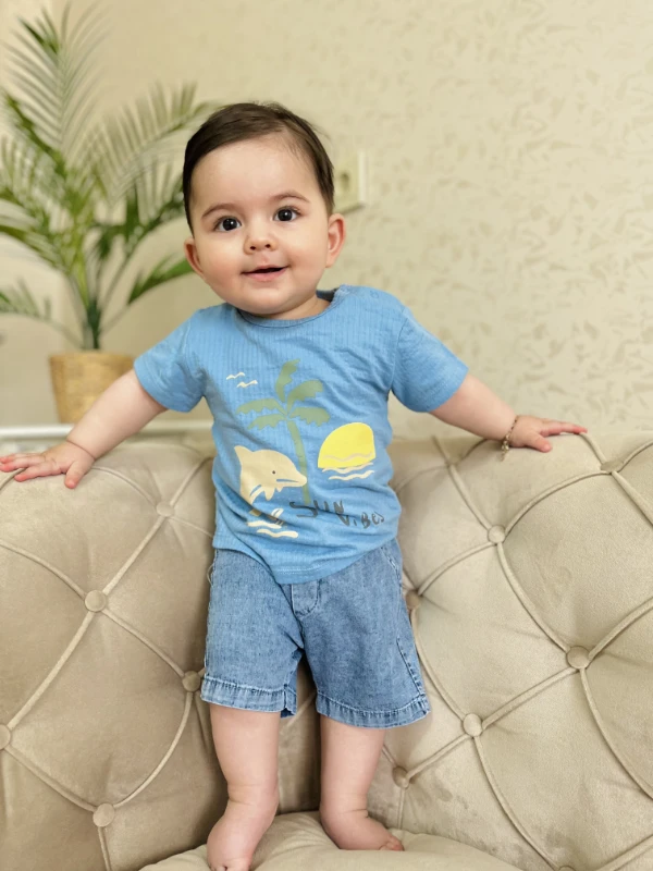 Sun Vibes Nefes Alan %100 Pamuk Tişörtlü Kot Şortlu Takım