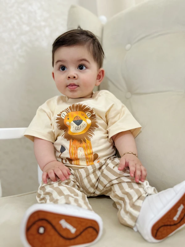 Aslan Figürlü Çizgili Müslin Kumaş 2’li Takım