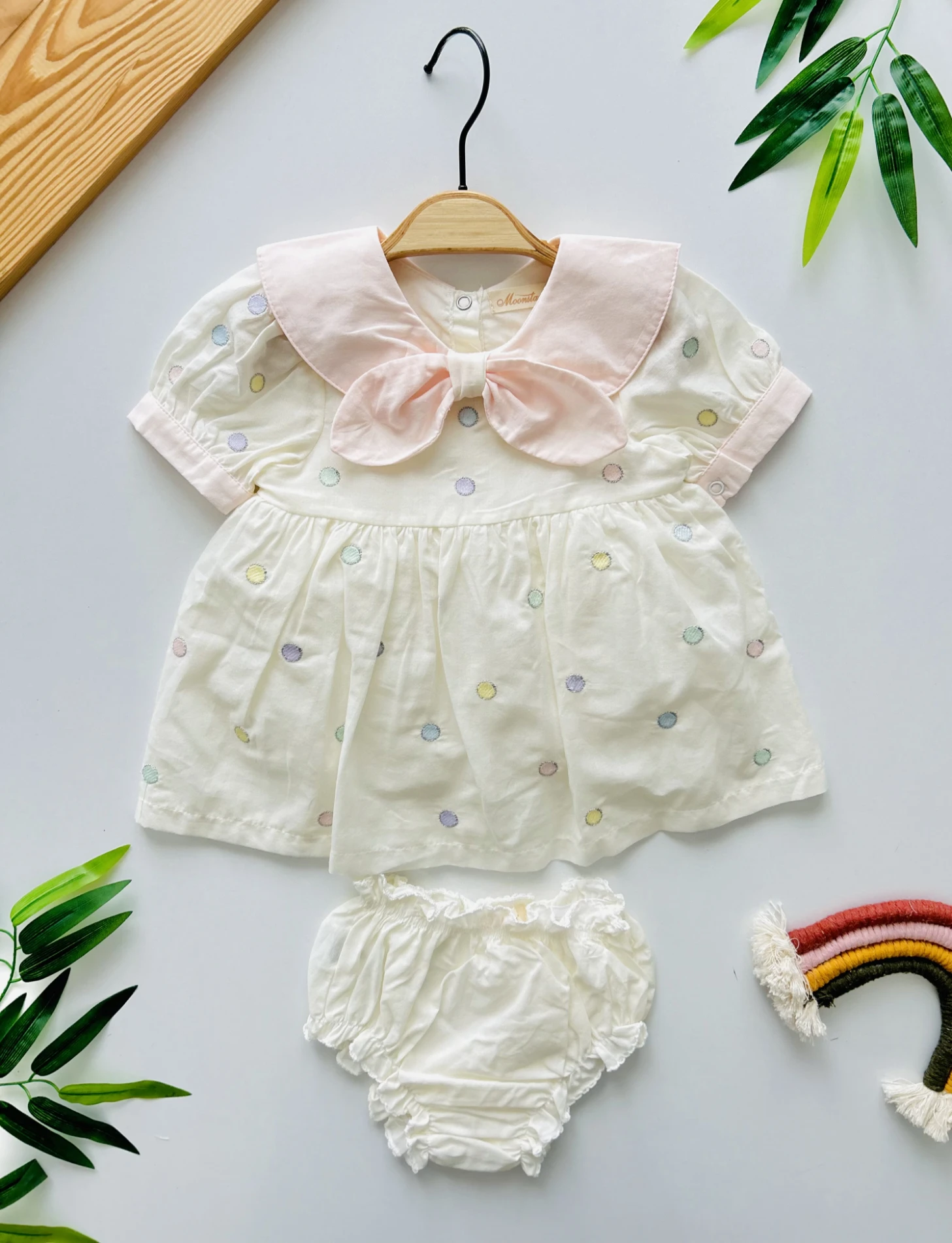 Isabella  Fiyonk Bebe Yakalı  Puantiye Desenli  İşlemeli Premium Kalite 2 Parça Külotlu Elbise Set