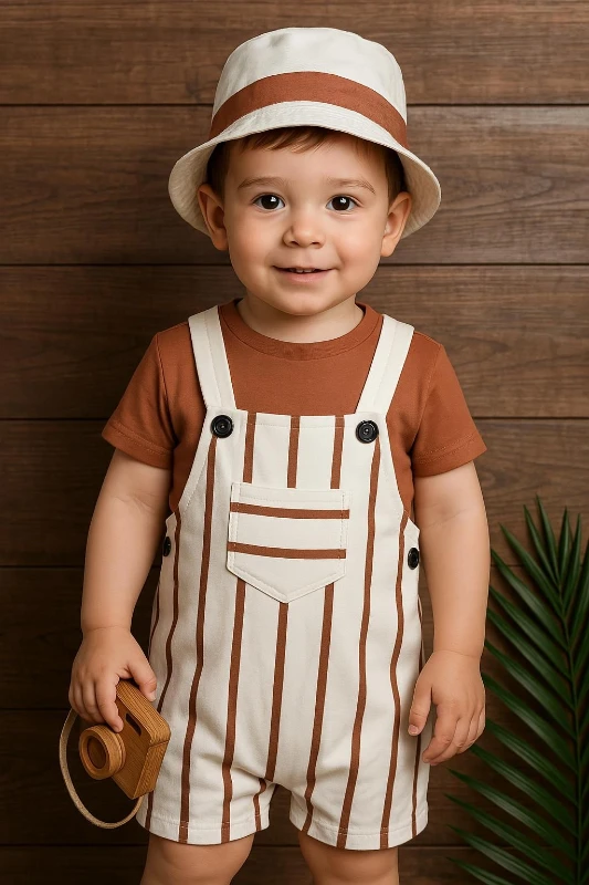 Çizgili Safari Şapkalı Omuzdan Çıtçıtlı Badili Yazlık Slopet Takım