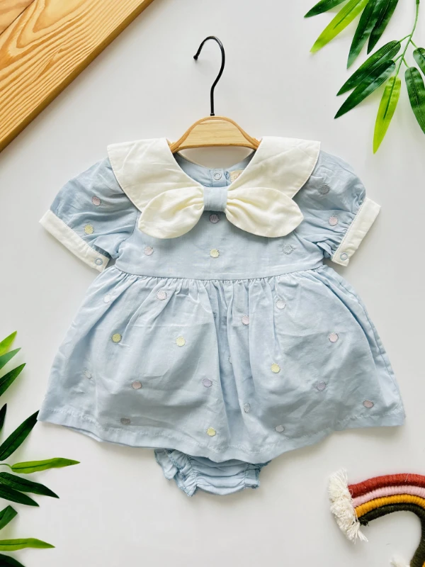 Lily  Fiyonk Bebe Yakalı  Puantiye Desenli  İşlemeli Premium Kalite 2 Parça Külotlu Elbise Set