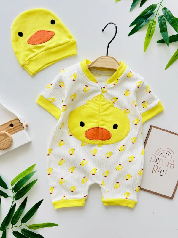 Minik Civciv Desenli %100 Pamuk Yumuşacık Unisex Tulum Set