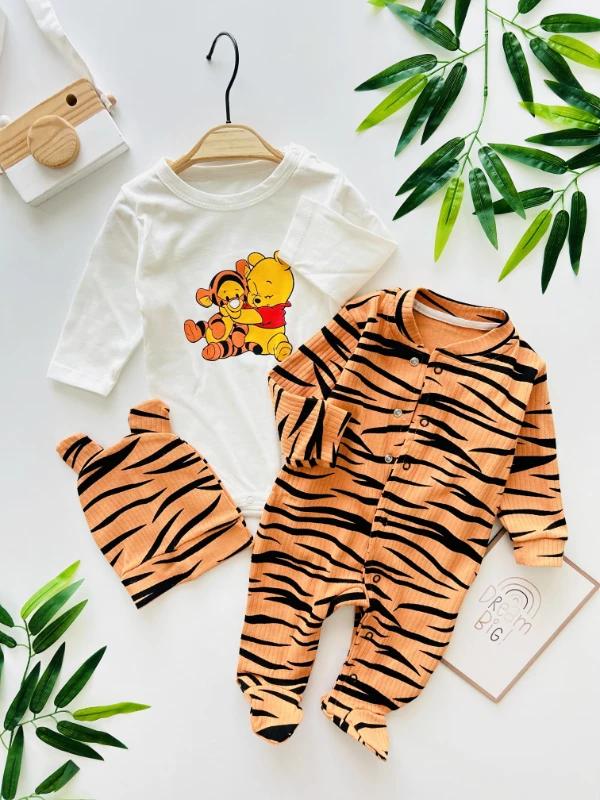 Winnie The Pooh Zebra Desenli Zıbınlı Şapkalı 3’lü Pamuklu Tulum