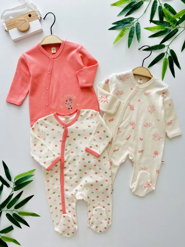 Flowers Zarif Çiçek Detaylı 3 Parça %100 Pamuk Tulum Set