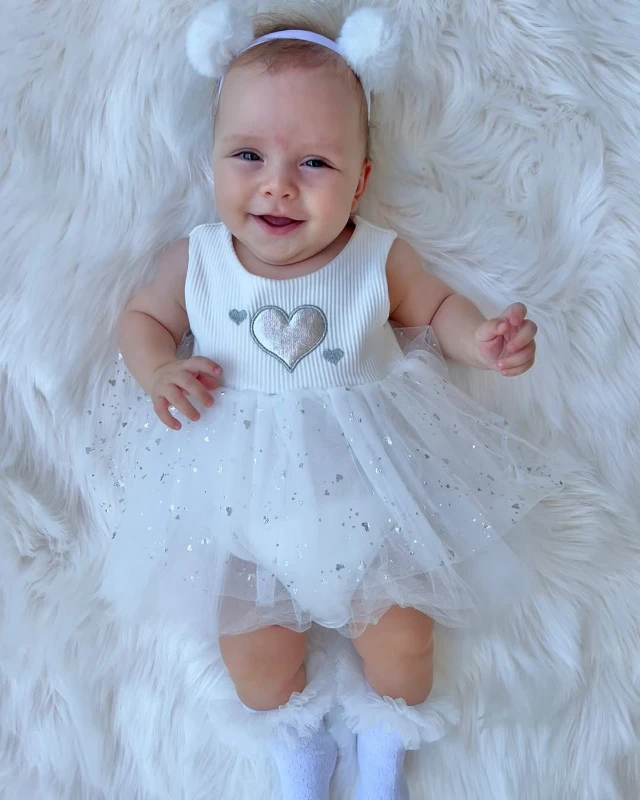 Kalp Desenli Tüllü Kendinden Zıbınlı Elbise