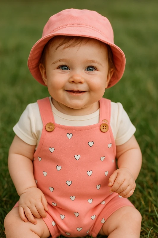 Minik Kalp Desenli Salopetli Bucket Şapkalı Tişörtlü 3’lü Takım