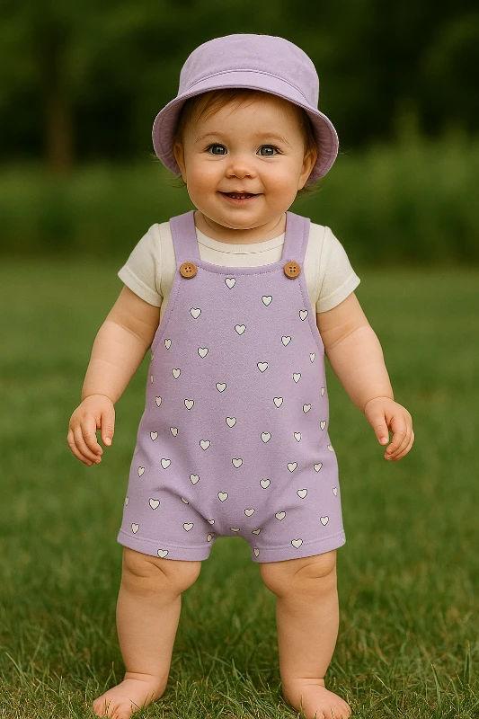 Minik Kalp Desenli Salopetli Bucket Şapkalı Tişörtlü 3’lü Takım