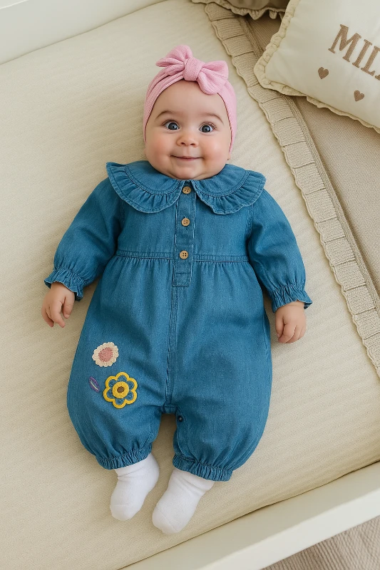 Çiçek Nakışlı Bebe Fırfır Yakalı %100 Pamuk Likralı Yumuşacık Kot Kumaş Tulum