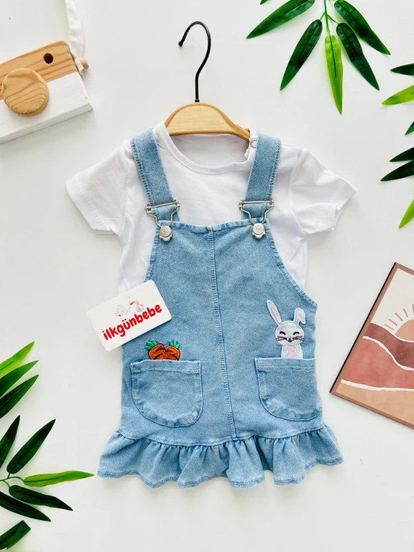 Minik Tavşan Havuç Nakışlı Cepli Kot Jileli Tişörtlü 2’li Takım