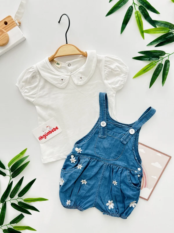 Çiçek Nakışlı Askılı Kot Tulum Salopet 2’Li Takım 