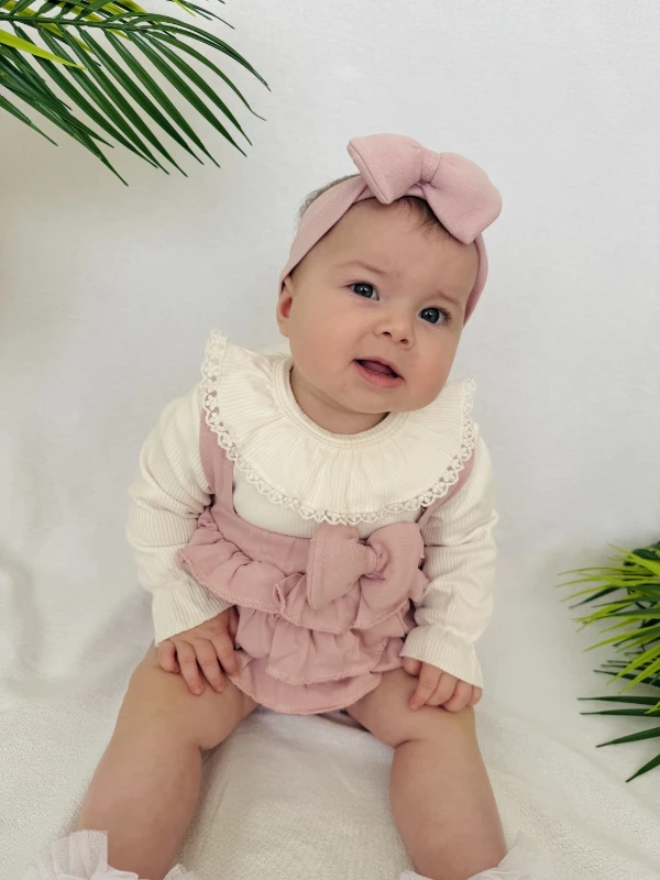 Fiyonk Detaylı Fırfırlı Romper %100 Pamuk Bandanalı Takım