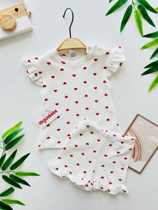 Minik Kalp Desenli Fırfır Detaylı 2’li Takım