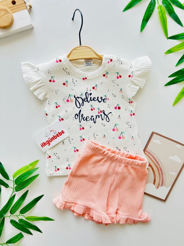 Kiraz  Desenli Fırfır Detaylı 2’li Takım