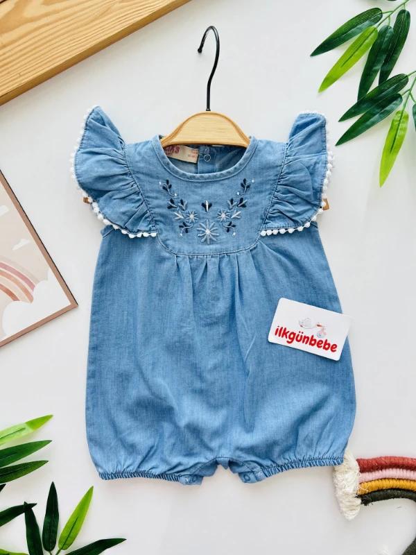 Çiçek Nakışlı Omuz Fırfırlı %100 Organik Likralı Kot Tulum