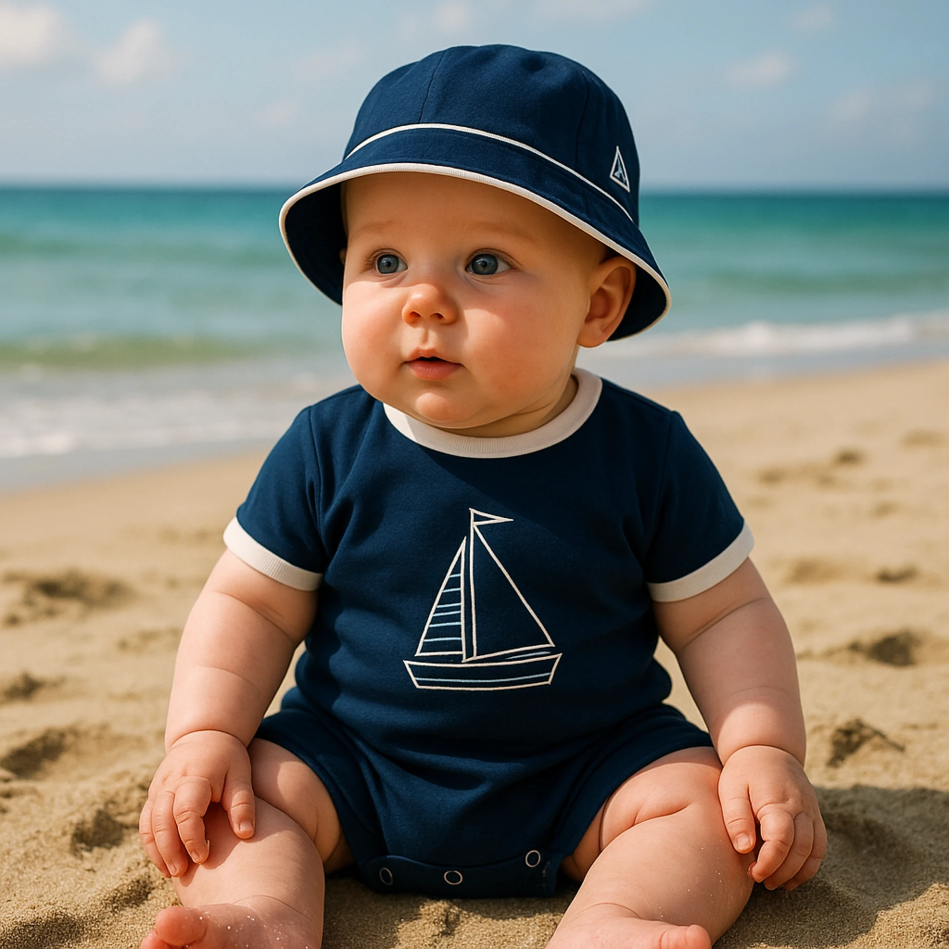 Yelken Gemici Nakışlı Şapkalı Alttan Çıtçıtlı Yazlık 2li Tulum Set