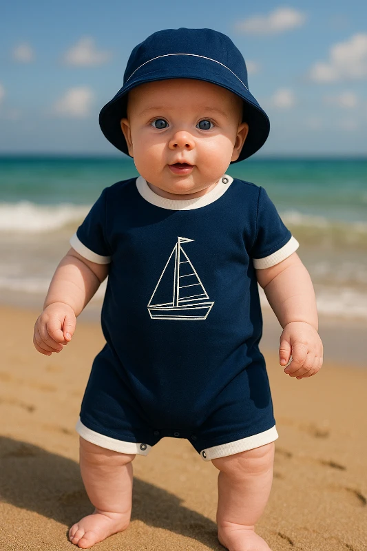 Yelken Gemici Nakışlı Şapkalı Alttan Çıtçıtlı Yazlık 2li Tulum Set