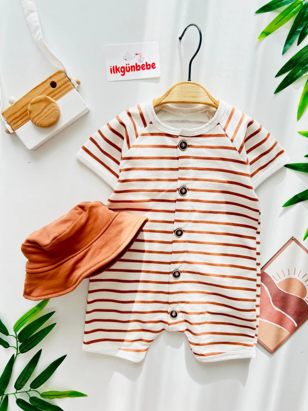 Çizgili Desenli %100 Pamuk Yazlık Tulum Bucket Şapkalı Set