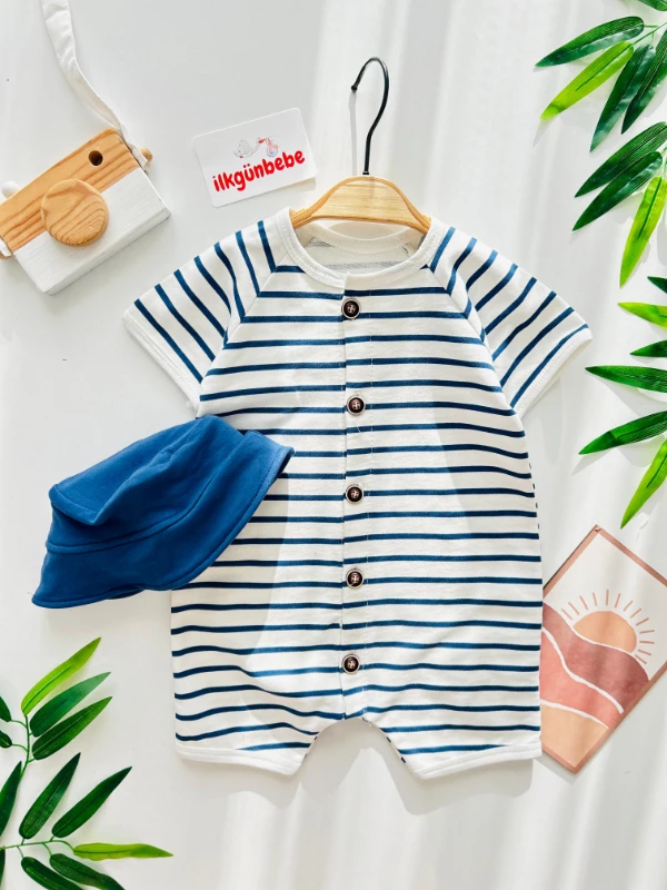 Çizgili Desenli %100 Pamuk Yazlık Tulum Bucket Şapkalı Set