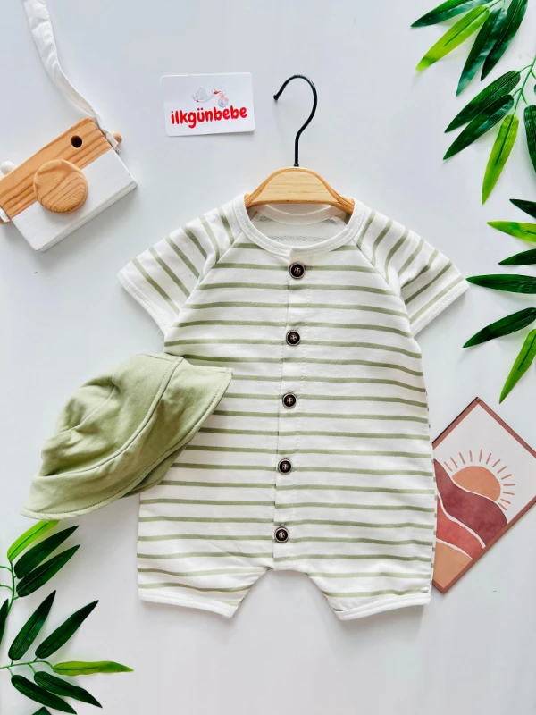 Çizgili Desenli %100 Pamuk Yazlık Tulum Bucket Şapkalı Set