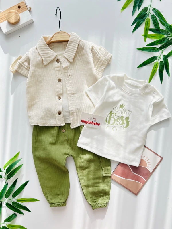Baby Boss Müslin Kumaş Gömlekli Tişörtlü 3’lü Takım