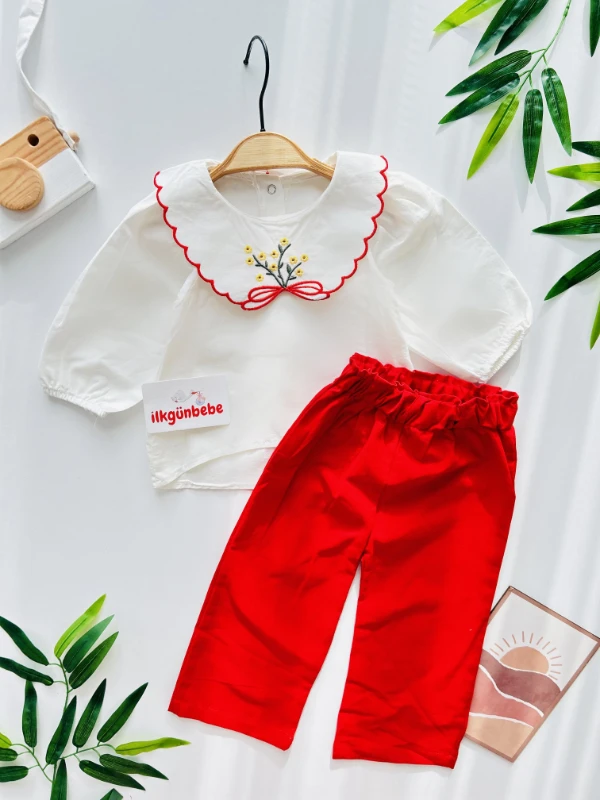 Çiçek Yaka Detaylı Pantalonlu Premium Kalite 2’li Takım