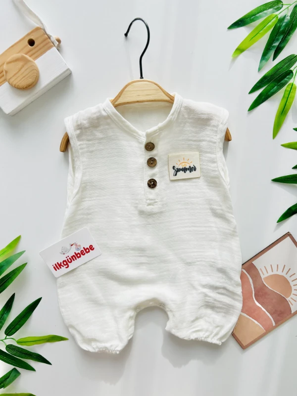 Müslin Kumaş Ahşap Düğmeli Yazlık Tulum