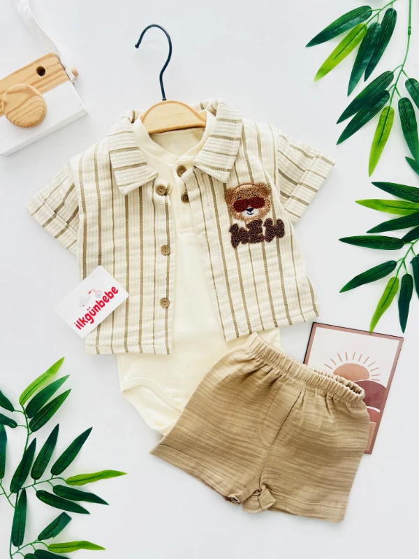 Bear Çizgili Desenli Müslin Kumaş Zıbınlı Tişörtlü Şortlu 3’lü Takım