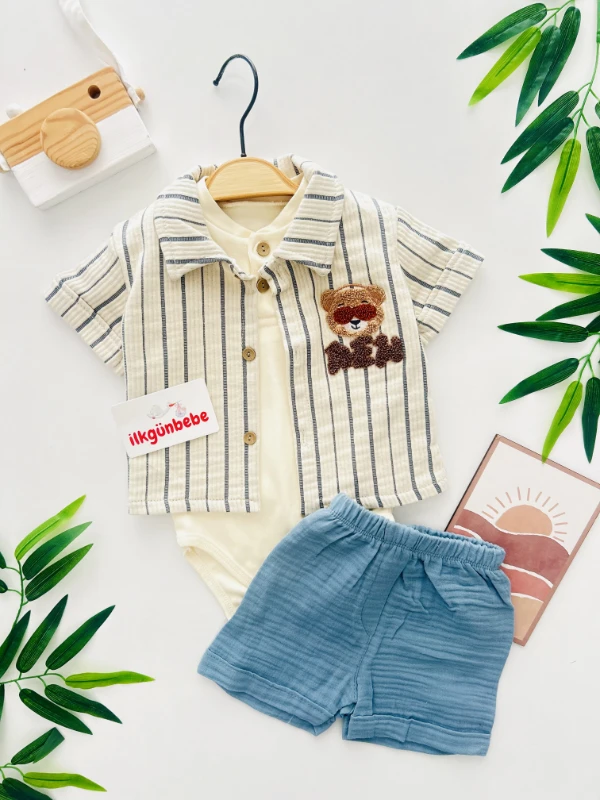 Bear Çizgili Desenli Müslin Kumaş Zıbınlı Tişörtlü Şortlu 3’lü Takım