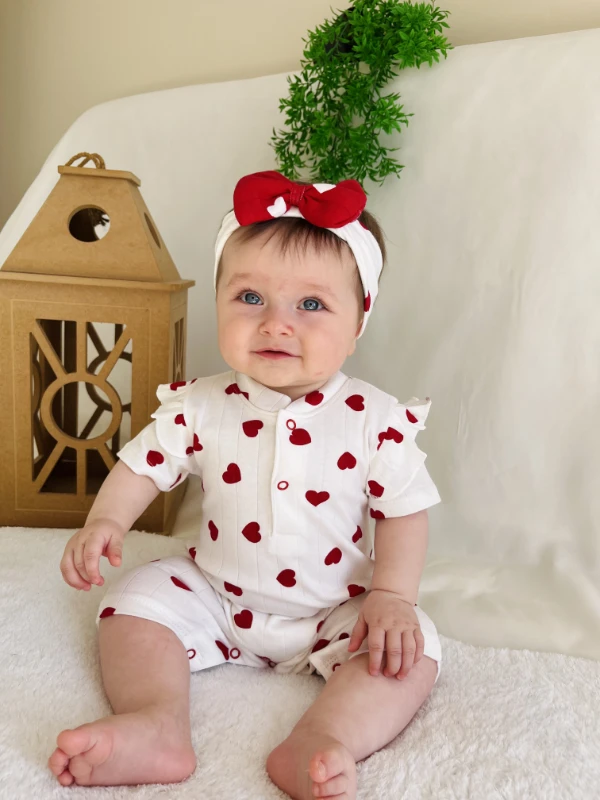 Minik Kalp Desenli %100 Pamuk Bandanalı Yazlık Tulum