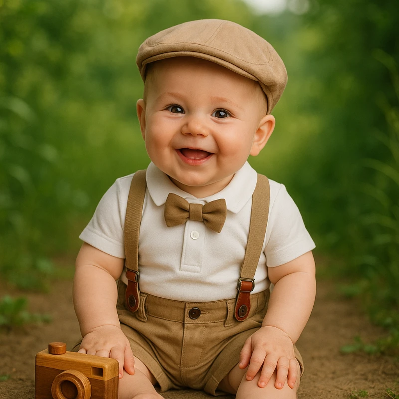 Askı Kemerli Şapkalı Papyonlu Likralı Şort Polo Yaka Badi 5li Yazlık Erkek Bebek Takım