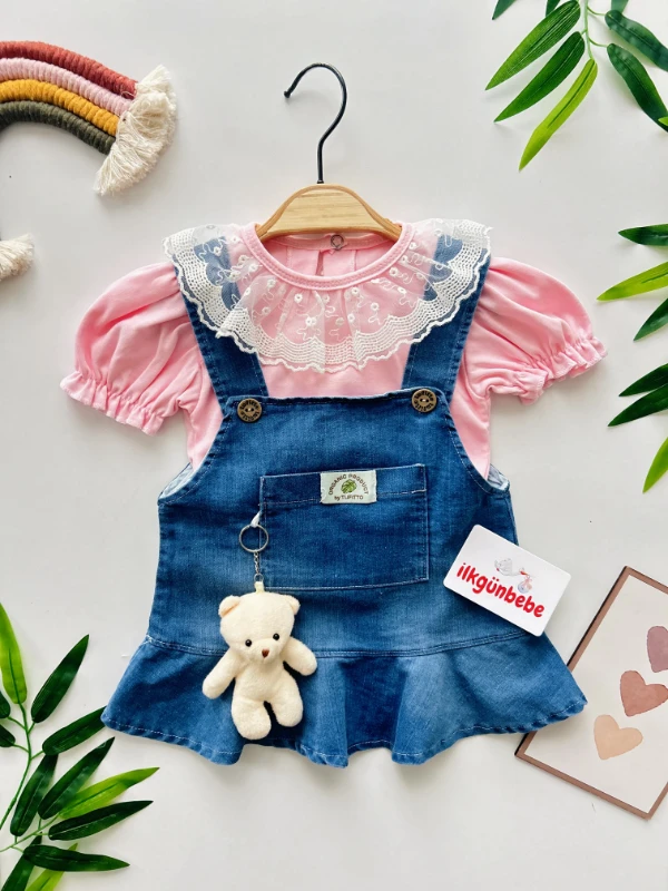 Dantel Güpür Yakalı Fırfır Kollu Tişörtlü Oyuncak Ayıcıklı Kot Jileli Set
