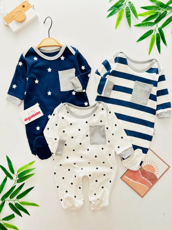 Yıldız Baskılı Cep Detaylı Alttan Çıtçıtlı Üçlü Tulum Seti