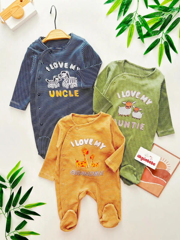 Yan Çizgili Animals Baskılı Önden Çıtçıtlı Tulum Seti