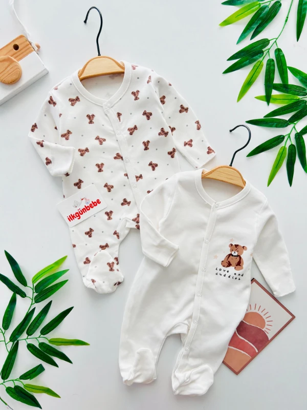 Ayıcık Baskılı Yumuşacık Unısex İkili Tulum Seti