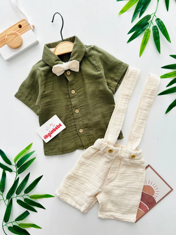 Müslin Kumaş Papyonlu Şık Bayramlık Gömlekli Salopet Takım