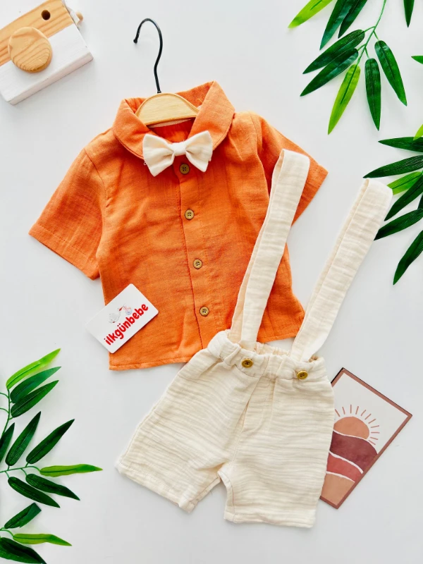 Müslin Kumaş Papyonlu Şık Bayramlık Gömlekli Salopet Takım