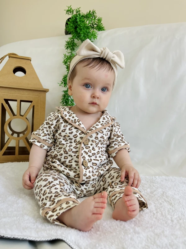 Leopar  Desenli Bebe Yakalı %100 Pamuk 2’li Takım