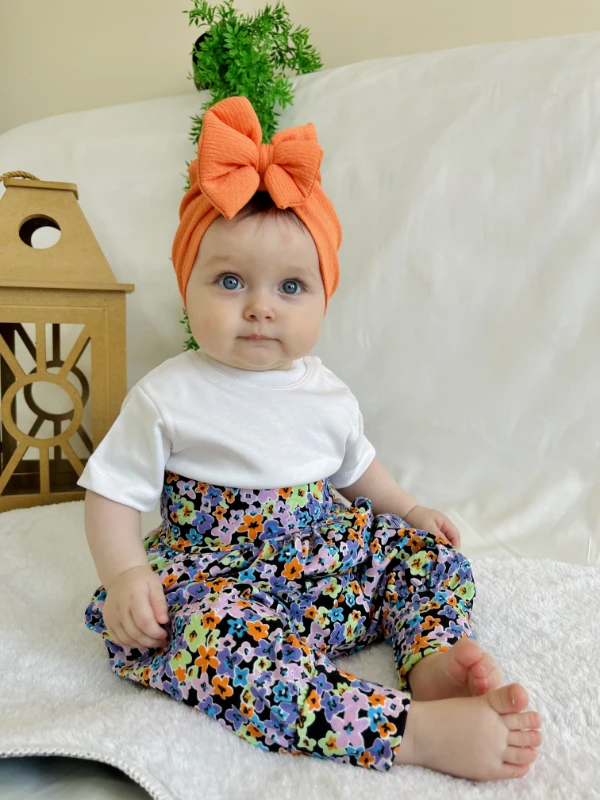 Çiçek Desenli Şalvarlı UZUN Kollu Tişörtlü  3’lü Bandanalı  Takım