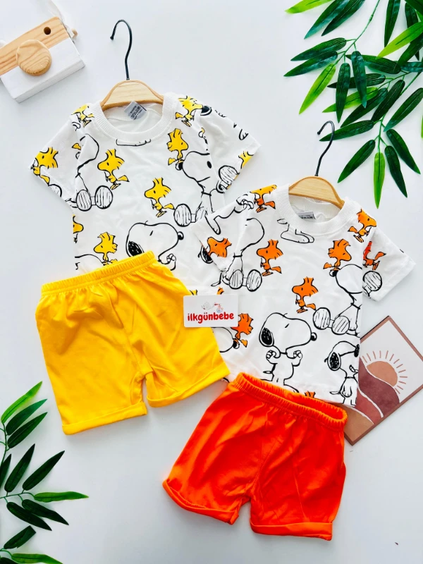 Snopy Baskılı Beli Lastikli Şortlu İkili Yazlık Takım