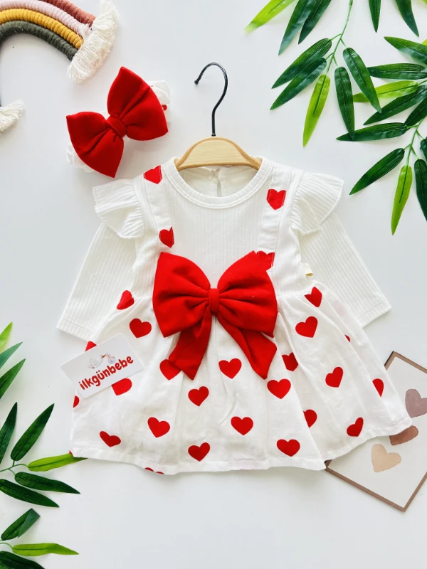 Büyük Fiyonk Detaylı Kalp Desenli Astarlı Elbise Bandana Set
