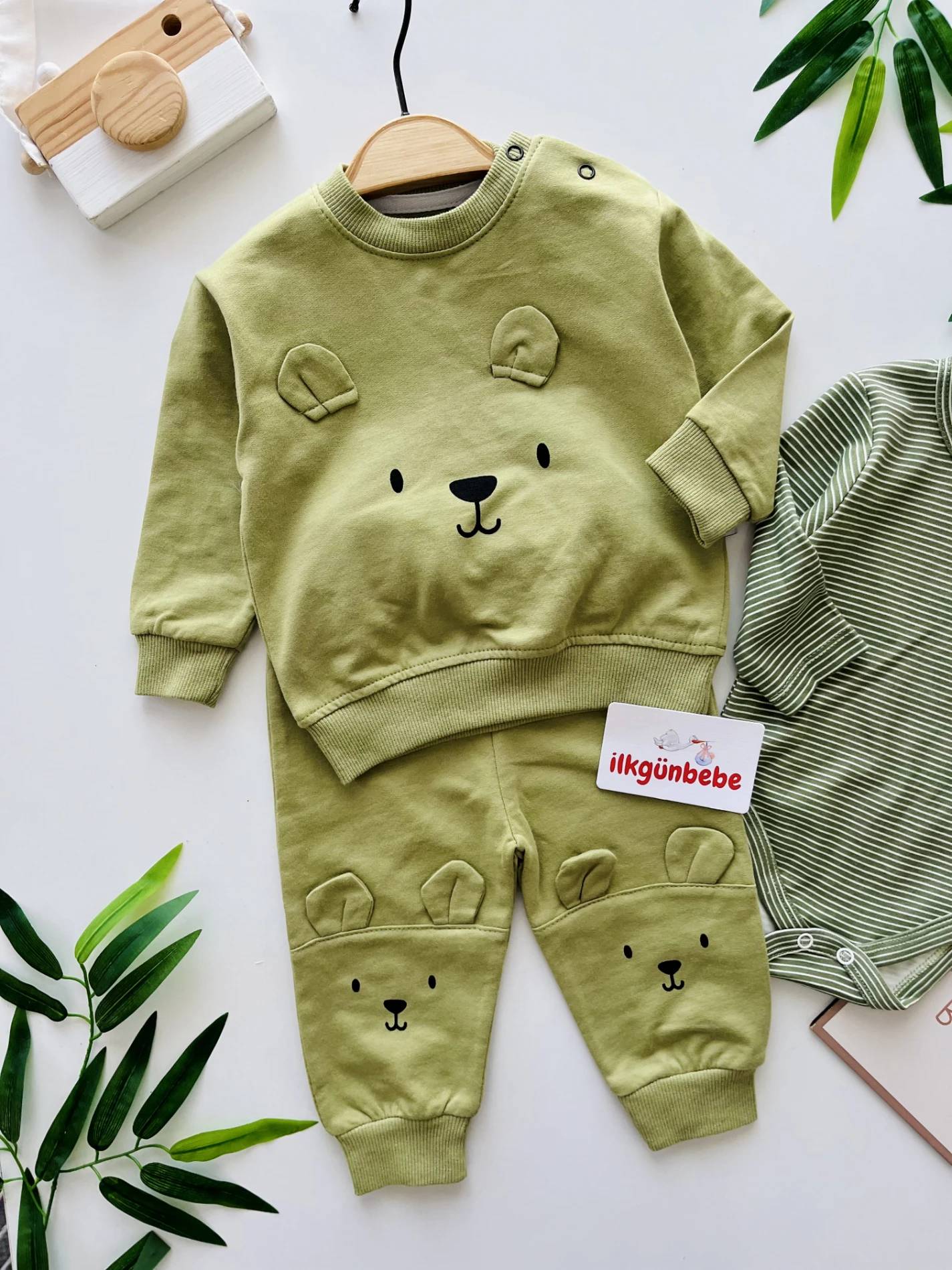 Teddy Bear Çizgili Zıbınlı Bodyli Sweatli 3’lü Takım