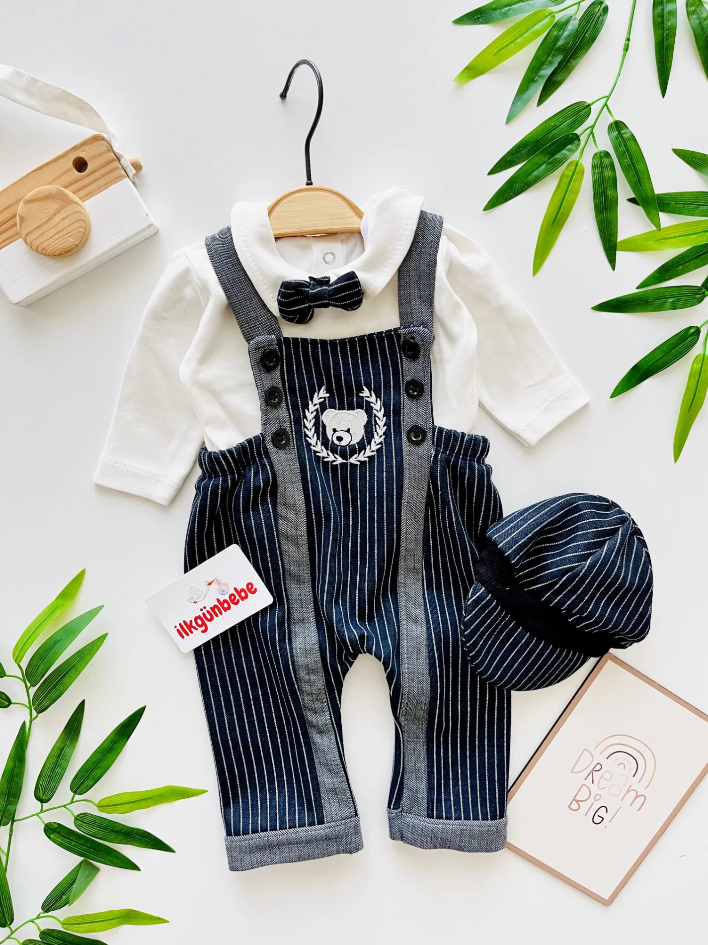 Teddy Bear Nakışlı Çizgili Keten Salopetli Papyonlu 3’lü Set