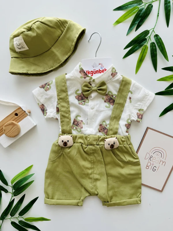 Ayıcık Desenli Papyonlu Gömlekli Bucket Şapkalı Müslin Salopetli Tarz 3’lü Takım