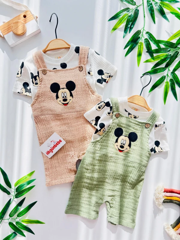 Mickey Mouse Baskılı Tişörtlü Müslin Salopet Premium Kalite İkili Takım