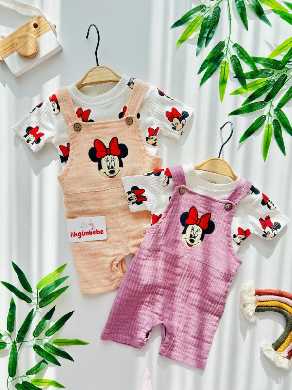 Minnie  Mouse Baskılı Tişörtlü Müslin Salopet Premium Kalite İkili Takım