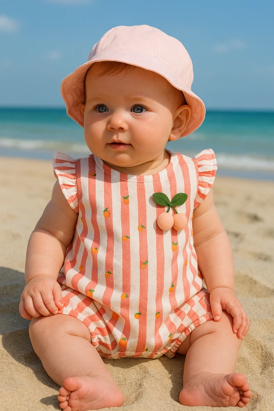 Kiraz Şeftali Detaylı Çizgili Yazlık %100 Pamuk Tulum