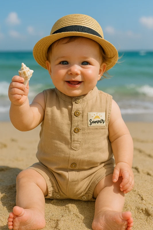 Müslin Kumaş Ahşap Düğmeli Yazlık Tulum