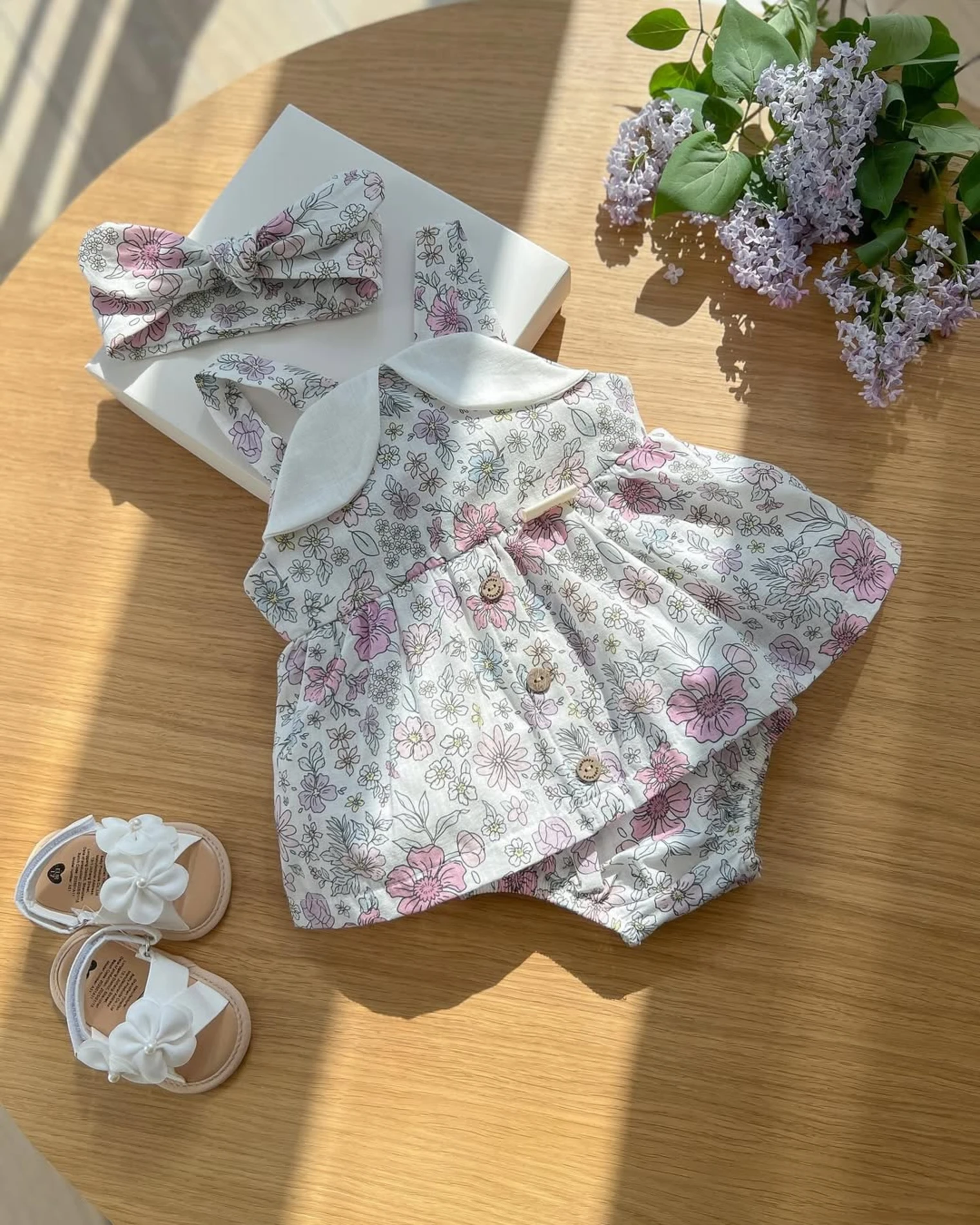 Etnik Çiçek Desenli Bandanalı Romper Tulum Set