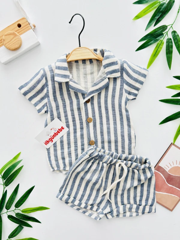 Çizgili Müslin Kumaş Gömlekli Şortlu Yazlık Takım